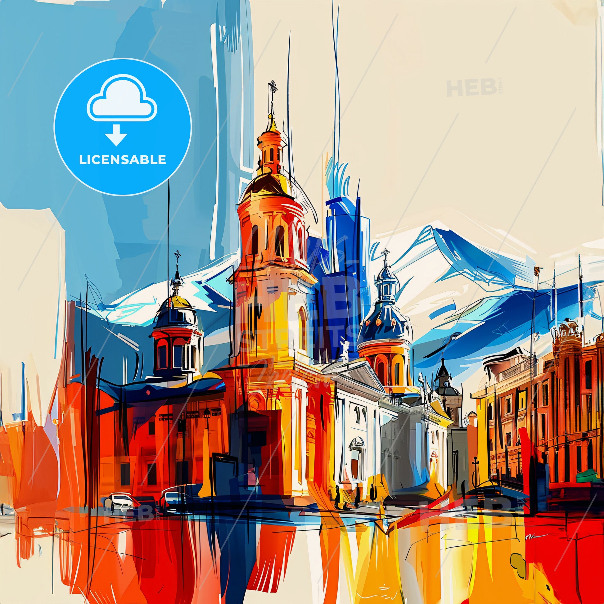 Vibrant Armenia, Colombia - A Painting Of A Building With A Steeple And Mountains In The Background