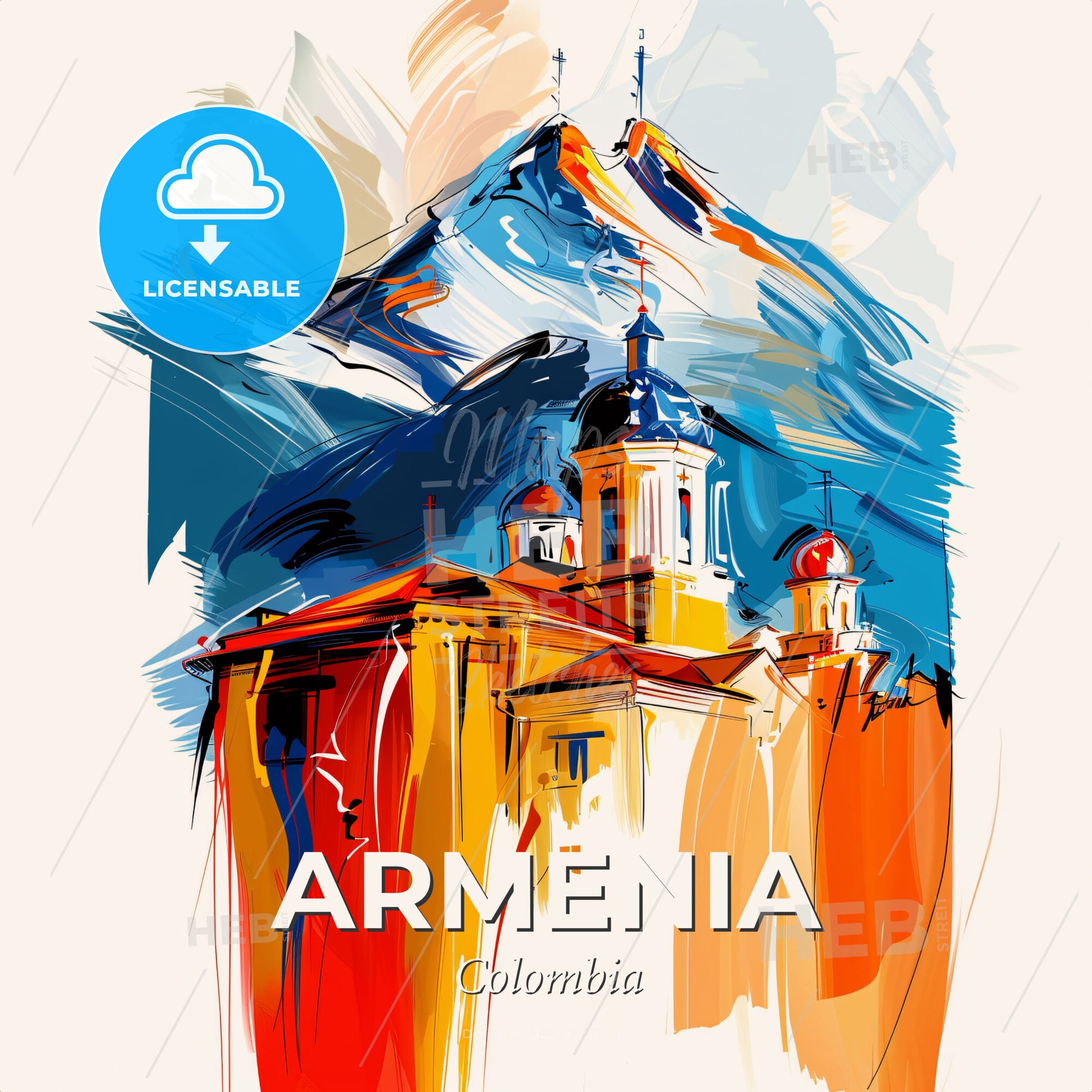 Vibrant Armenia, Colombia - A Painting Of A Building With A Mountain In The Background - Square format print template
