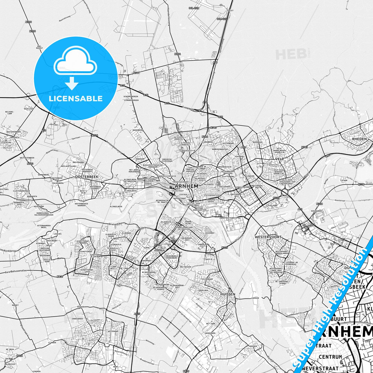 Arnhem, Netherlands light map with streetnames, citynames and districts