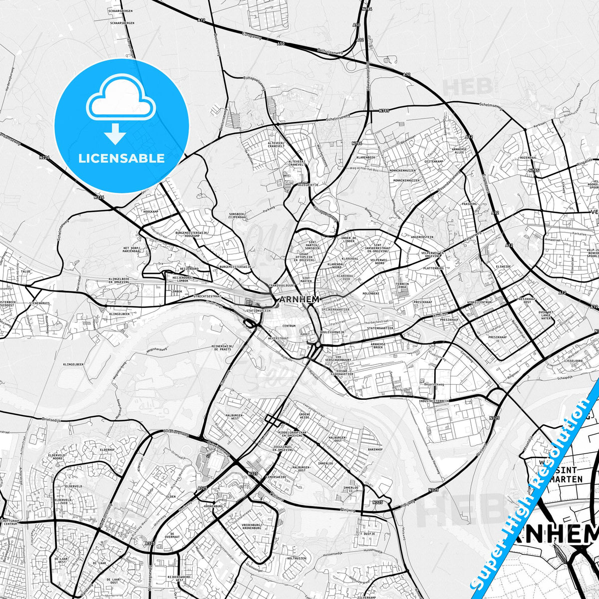 Arnhem, Netherlands Light Map with Street Names, City Names, and Districts