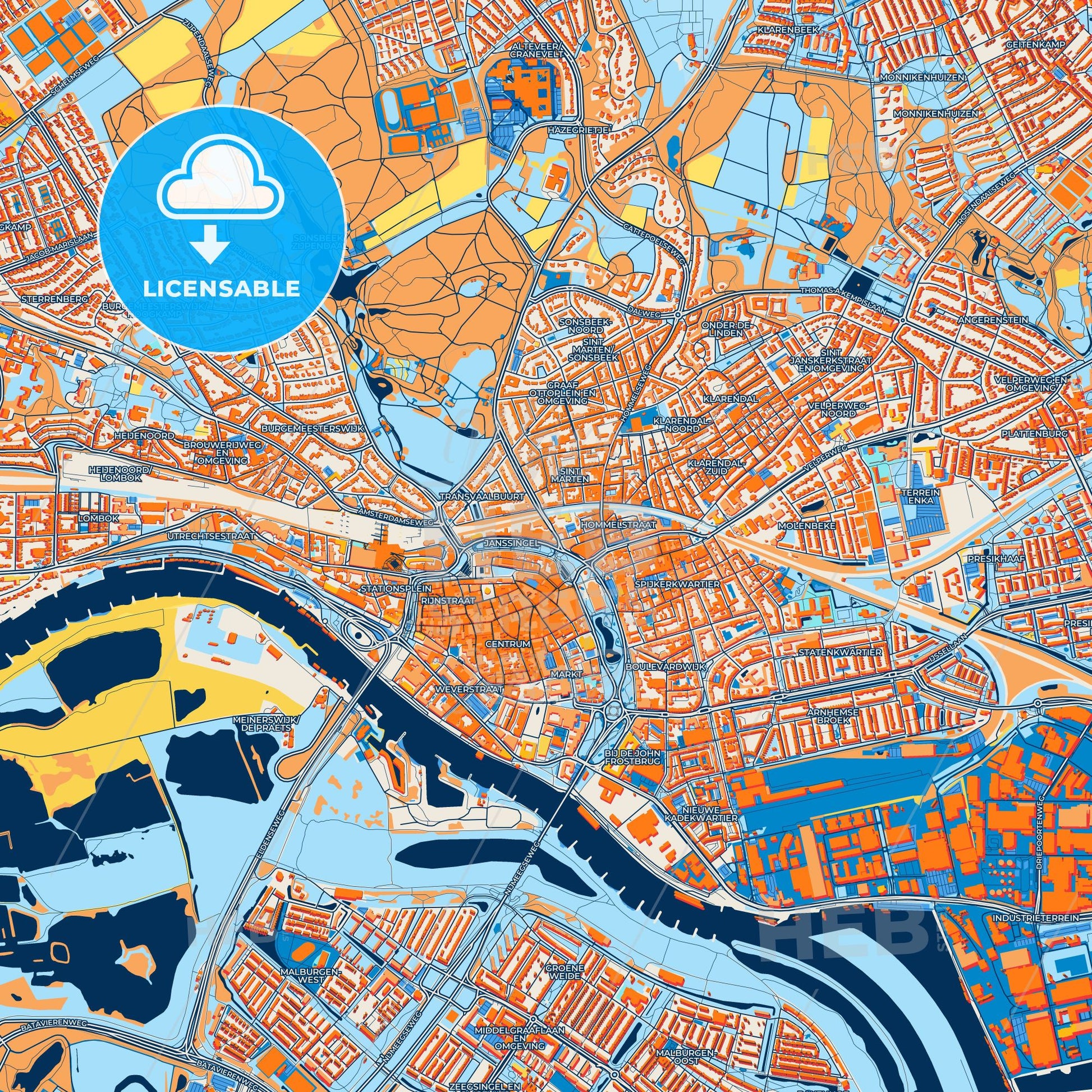 Colorful Arnhem Street Map with Labels and Buildings