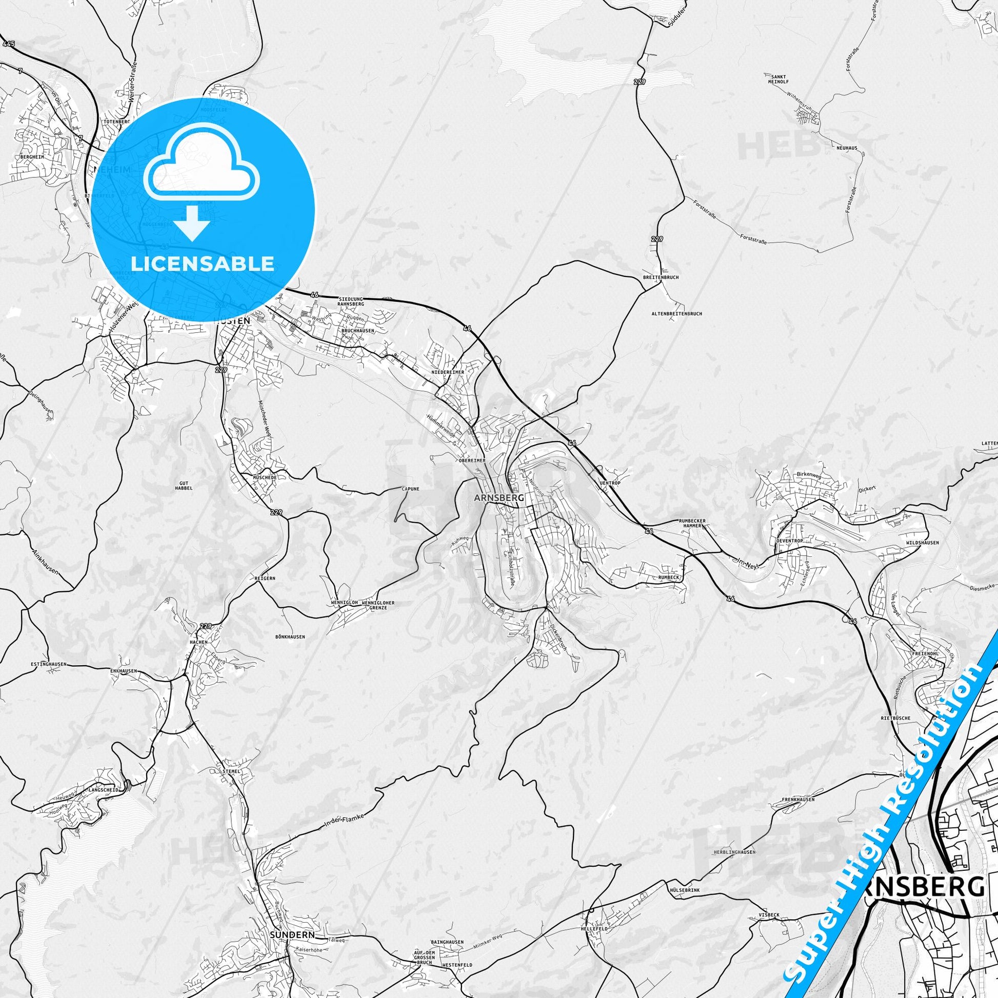 Arnsberg, Germany light map with streetnames, citynames and districts
