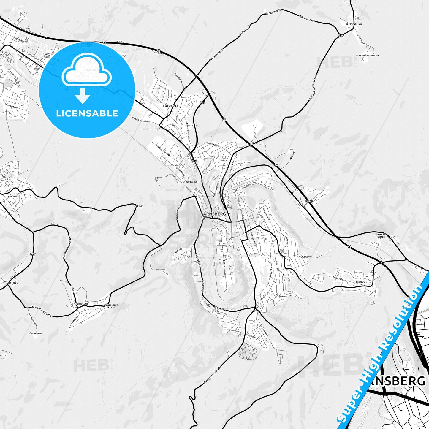 Arnsberg, Germany Light Map with Street Names, City Names, and Districts