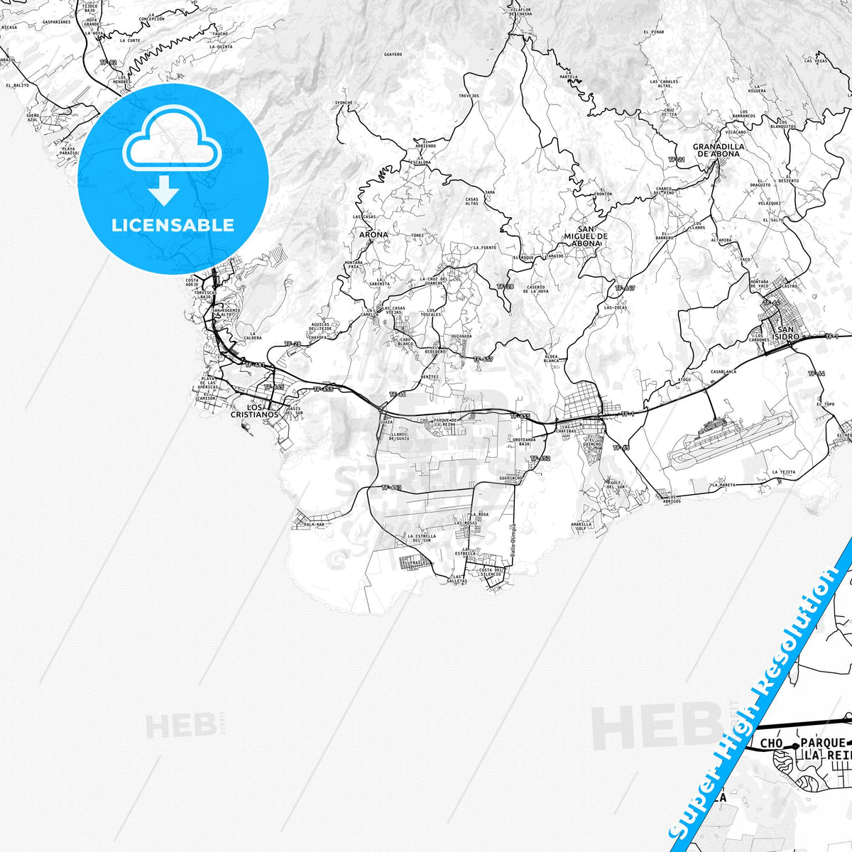 Arona, Spain light map with streetnames, citynames and districts