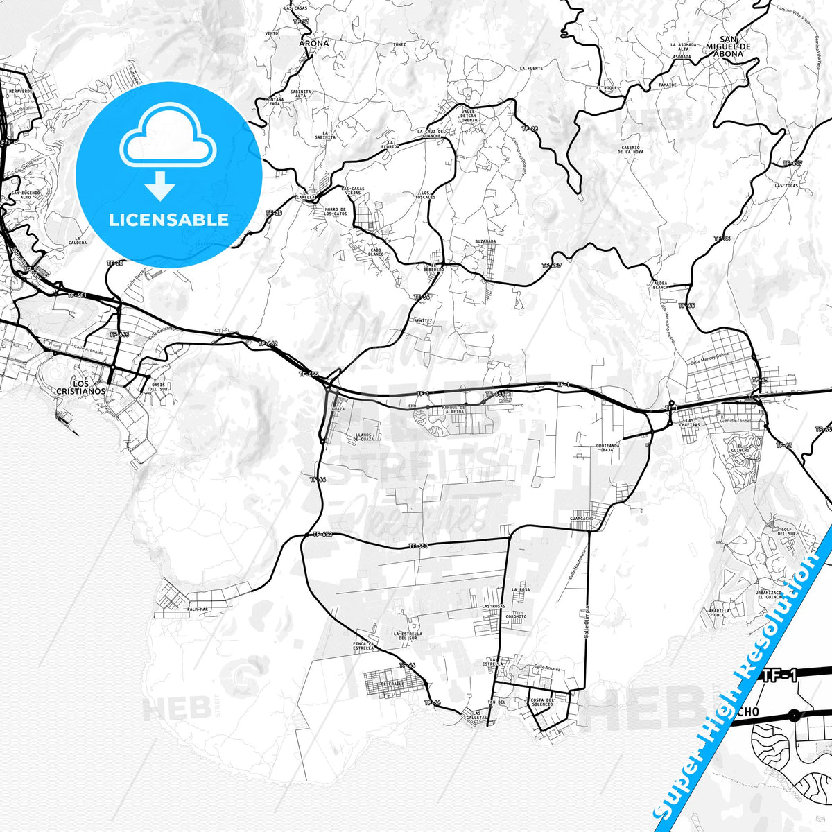 Arona, Spain Light Map with Street Names, City Names, and Districts