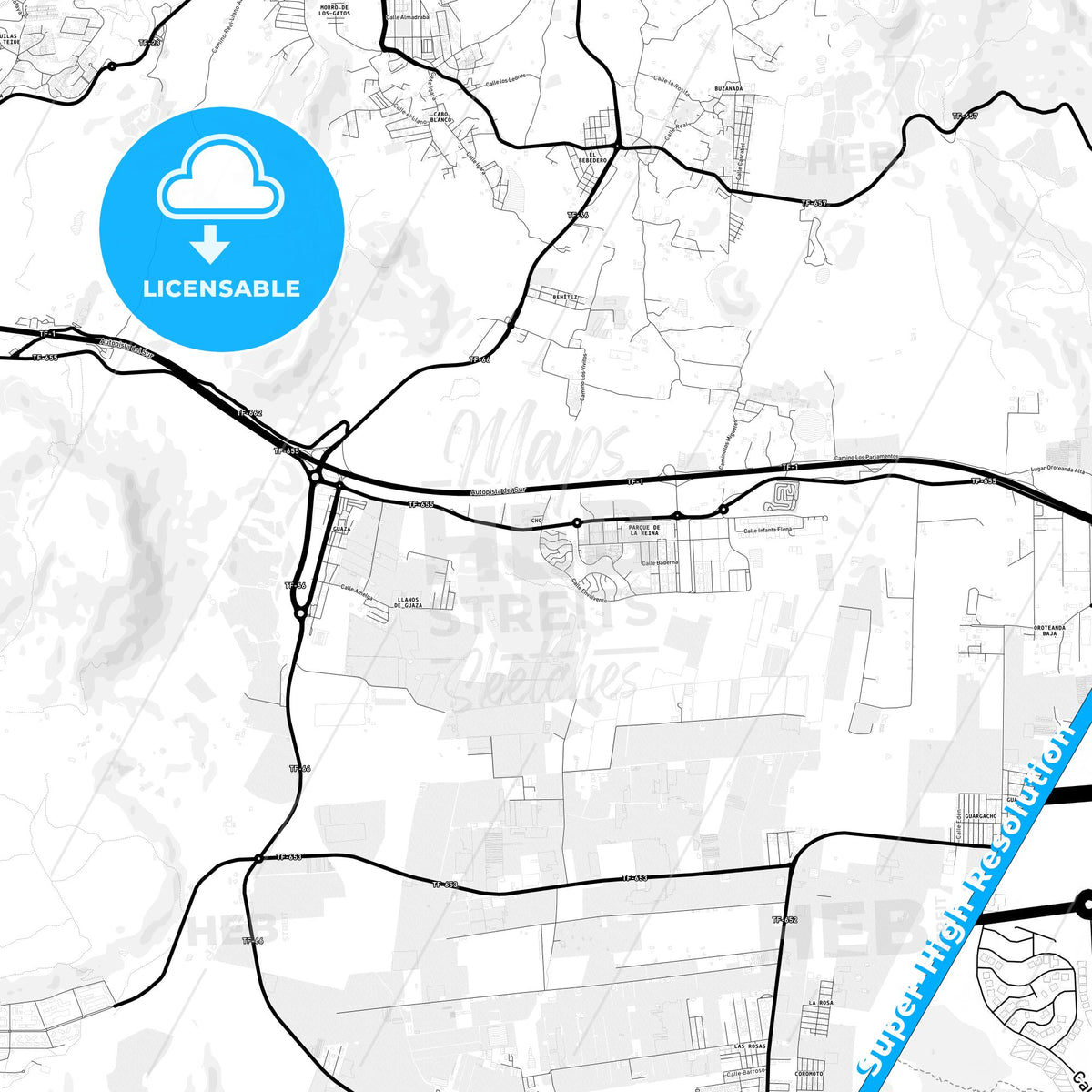 Arona, Spain Light Map with Street Names, City Names, and Districts