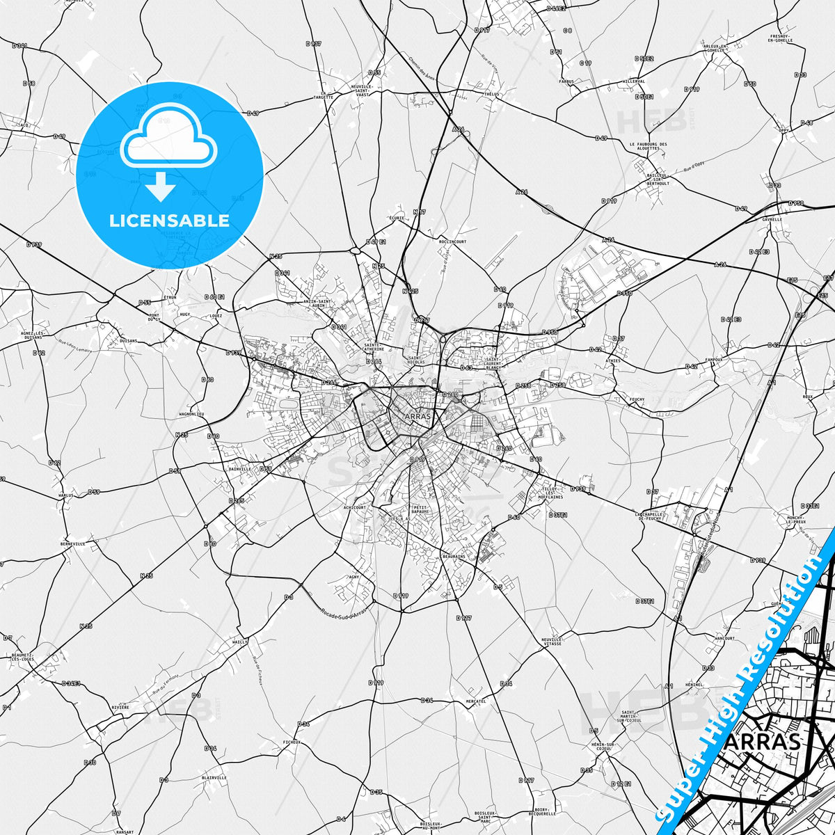Arras, France light map with streetnames, citynames and districts