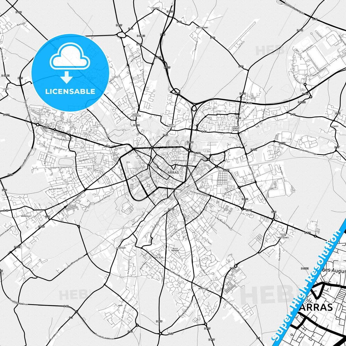 Arras, France Light Map with Street Names, City Names, and Districts