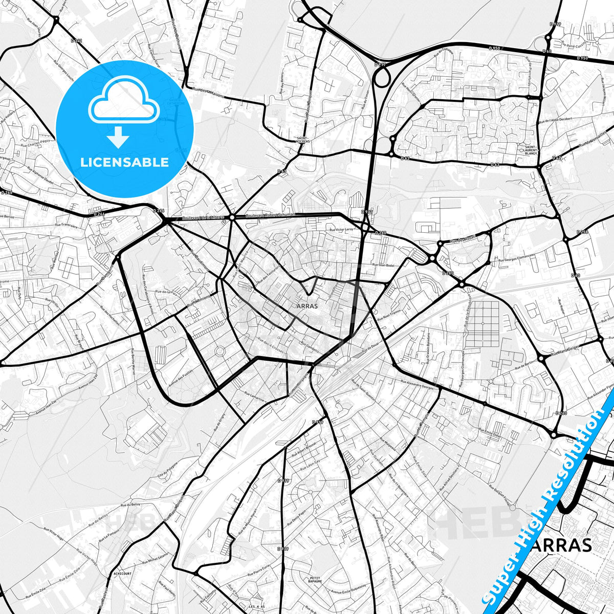 Arras, France Light Map with Street Names, City Names, and Districts