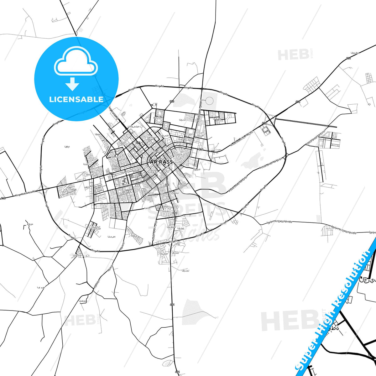 Ar Rass, Saudi Arabia light map with streetnames, citynames and districts
