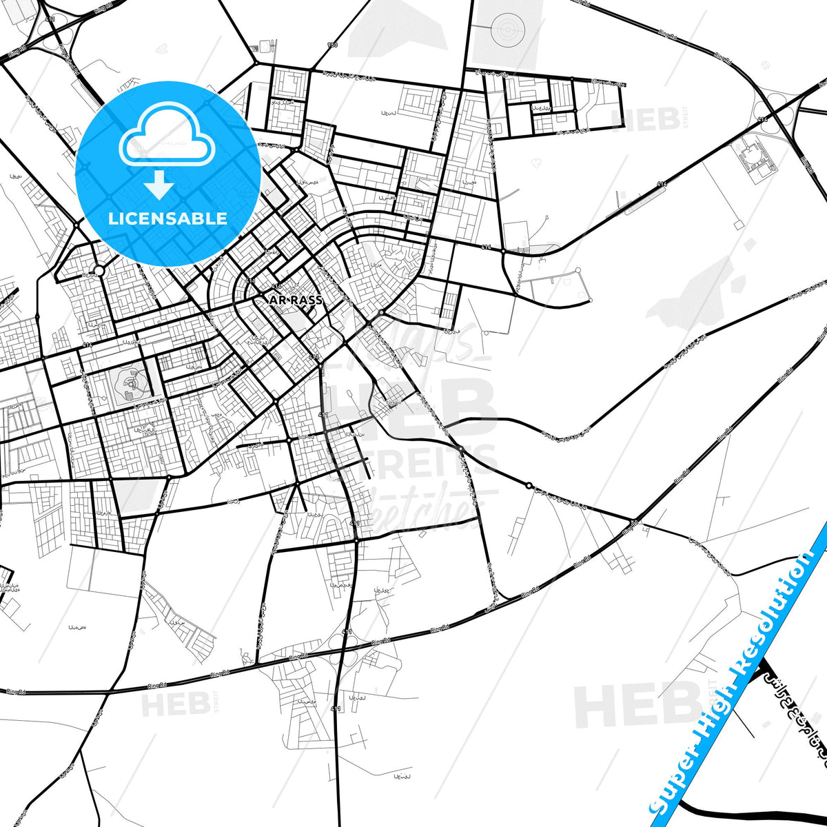 Ar Rass, Saudi Arabia Light Map with Street Names, City Names, and Districts