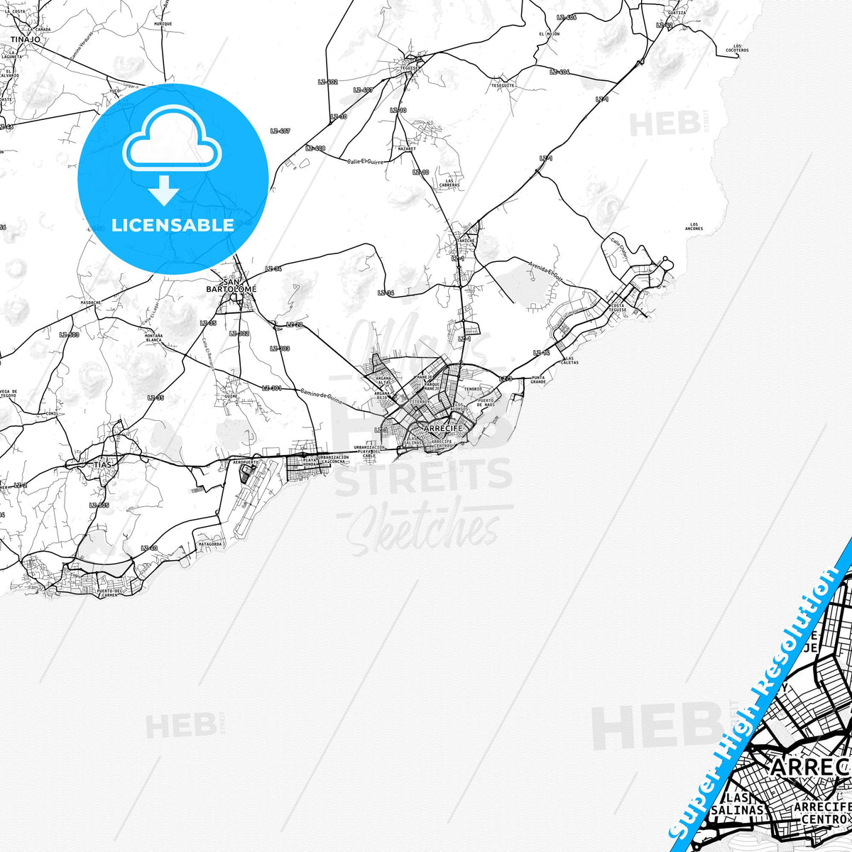 Arrecife, Spain light map with streetnames, citynames and districts