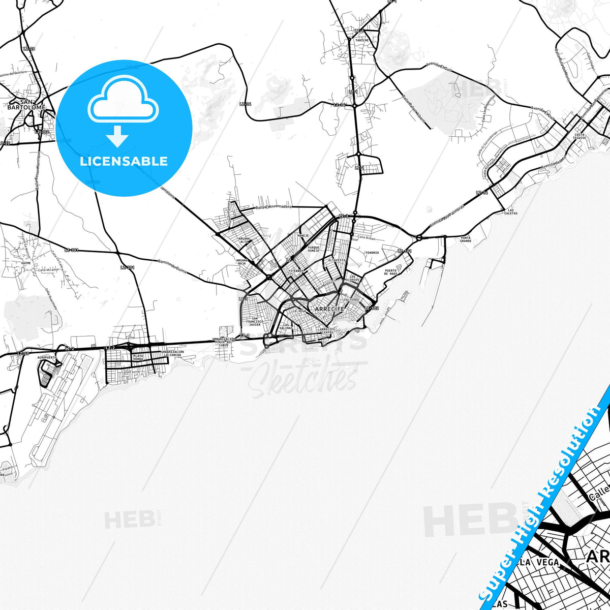 Arrecife, Spain Light Map with Street Names, City Names, and Districts