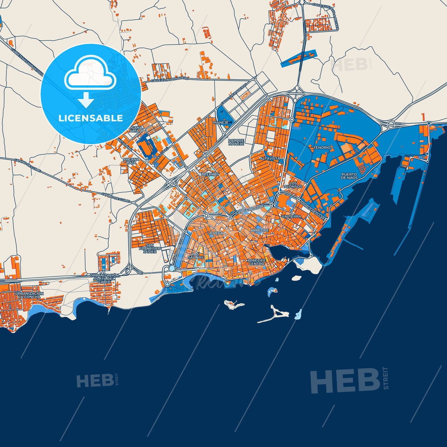 Colorful Arrecife Street Map with Labels and Buildings