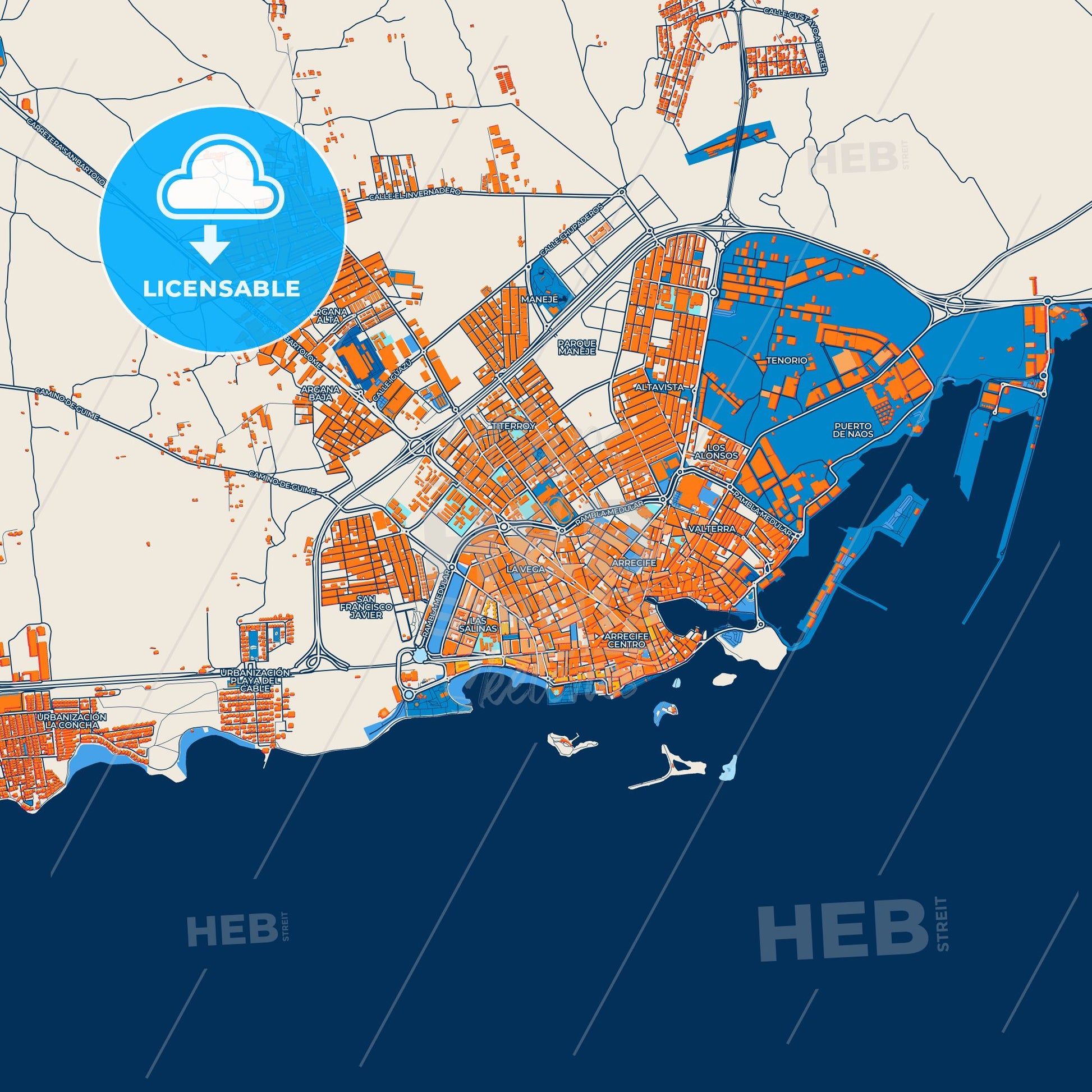 Colorful Arrecife Street Map with Labels and Buildings