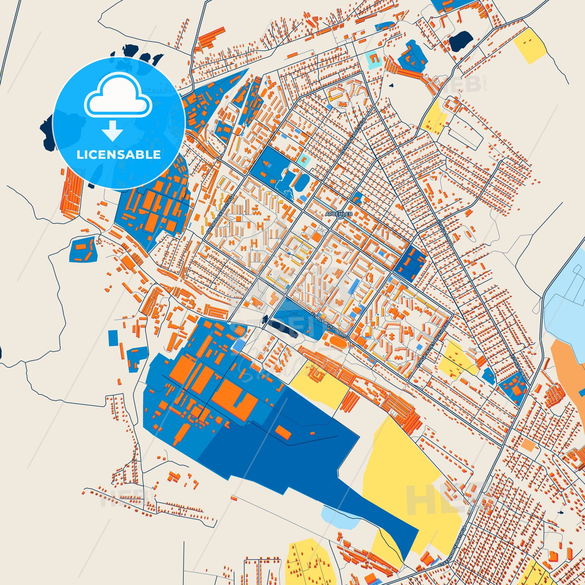 Colorful Arsenyev Street Map with Labels and Buildings