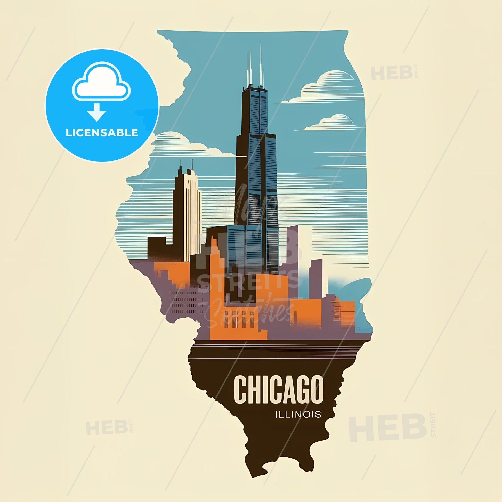 Art Deco Chicago: Iconic Skyline within Illinois Silhouette Print