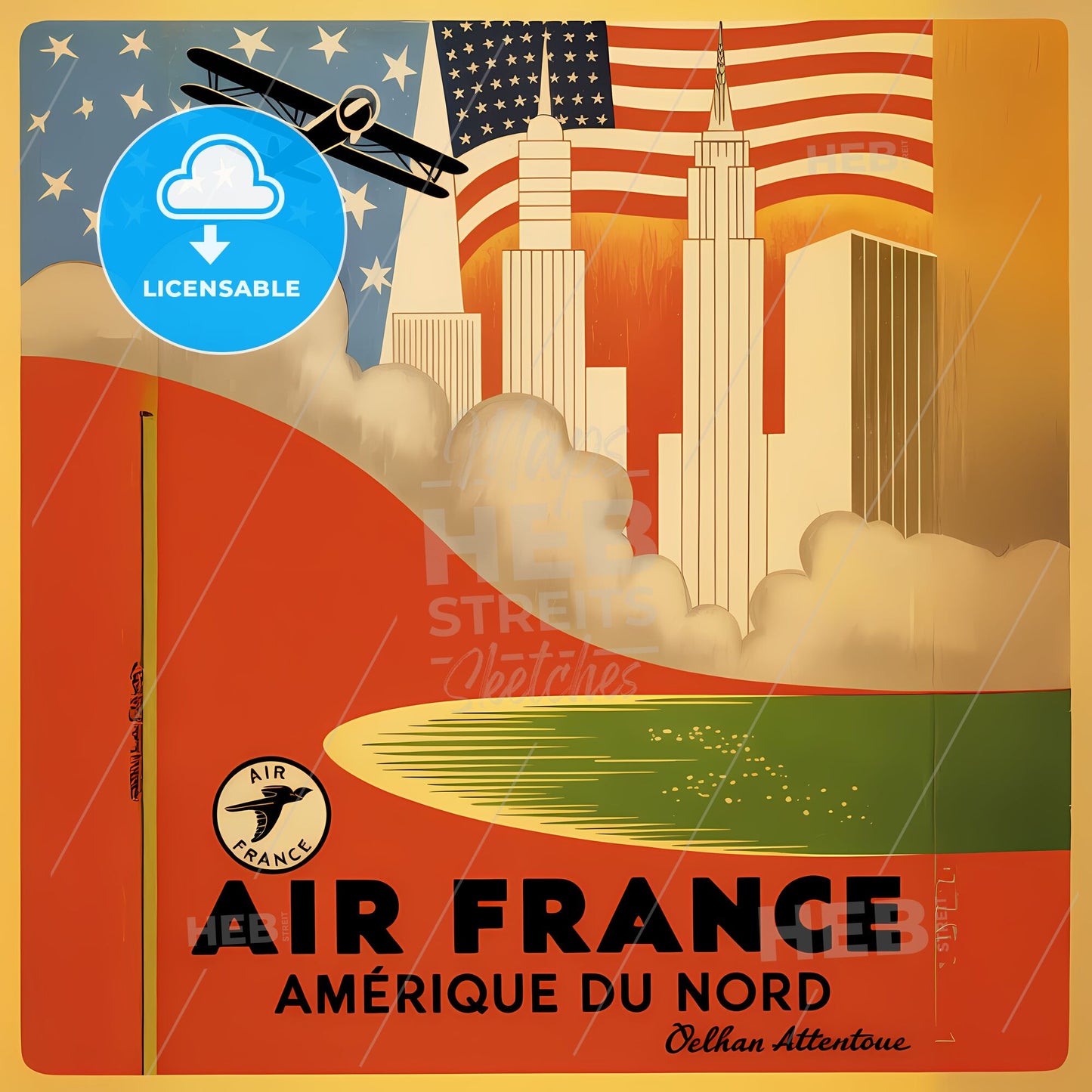 Art Deco Dreams: Vintage Air France American Cityscape Poster