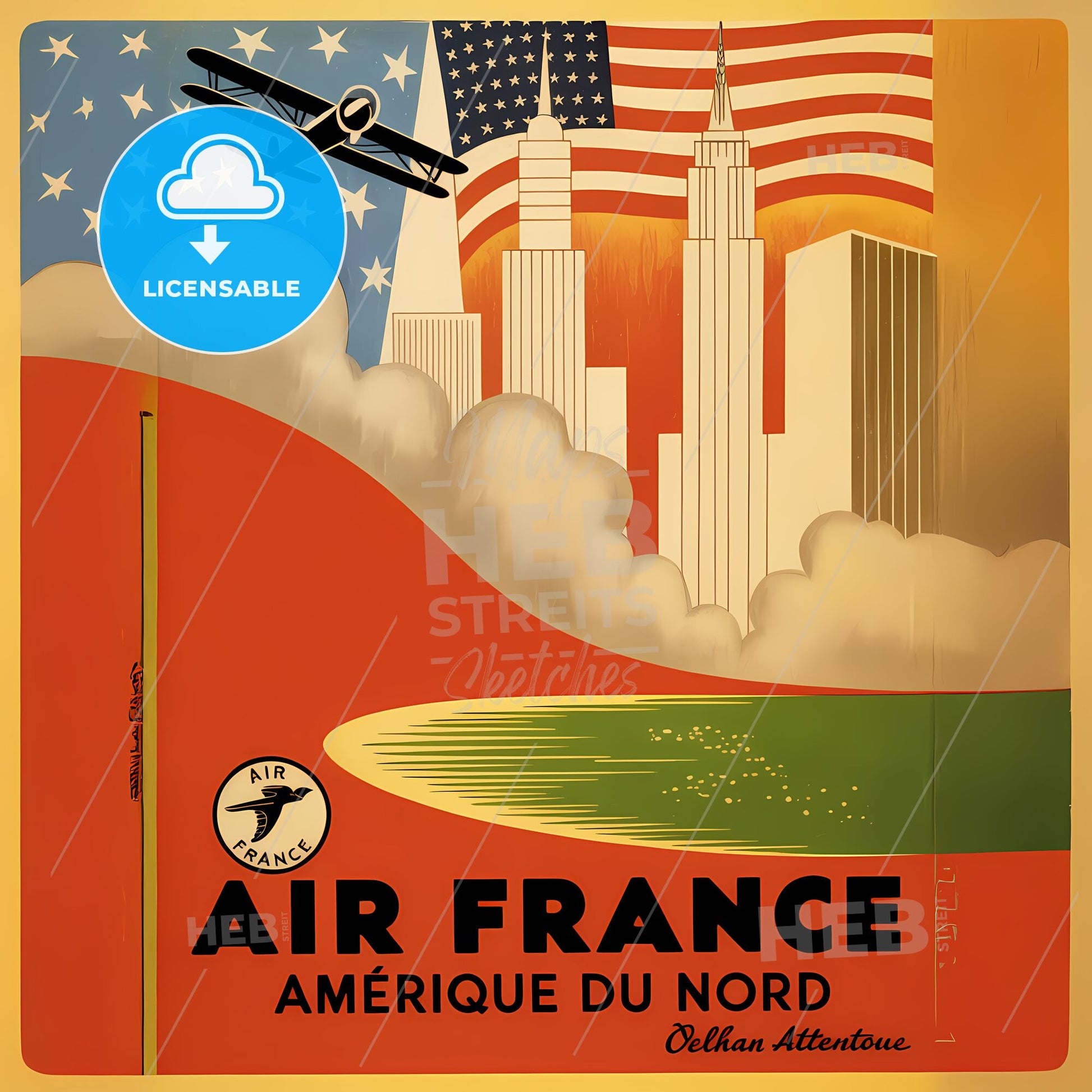 Art Deco Dreams: Vintage Air France American Cityscape Poster