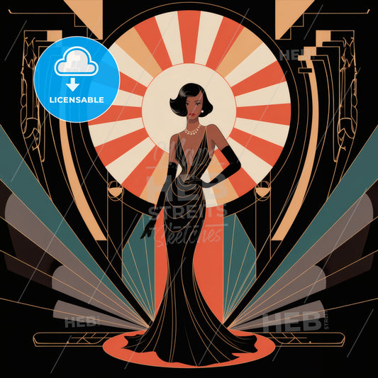 Art Deco Elegance: Glamorous Woman in Evening Gown with Sunburst Radiance