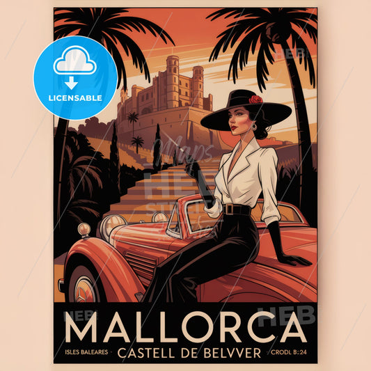 Art Deco Mallorca Vintage Travel Poster: Elegant Lady & Red Mercedes-Benz Scene