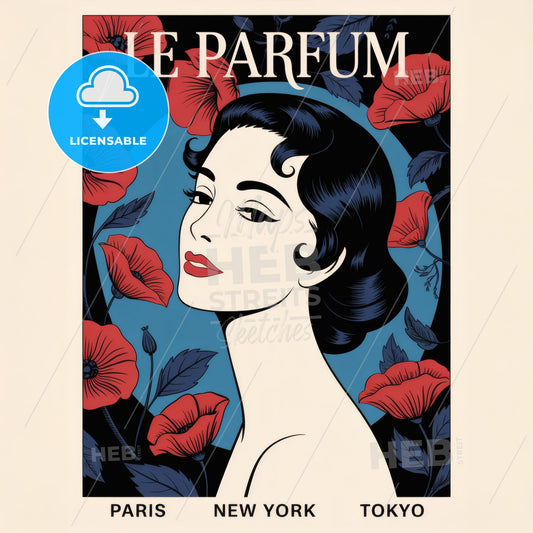 Art Nouveau Vintage Perfume Poster: Elegant Woman's Silhouette with Floral Elegance