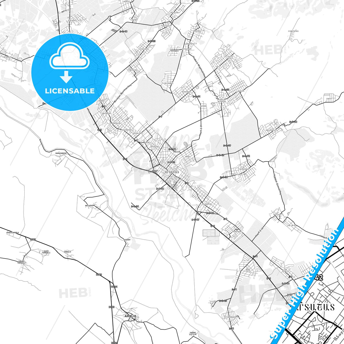 Artashat, Armenia light map with streetnames, citynames and districts