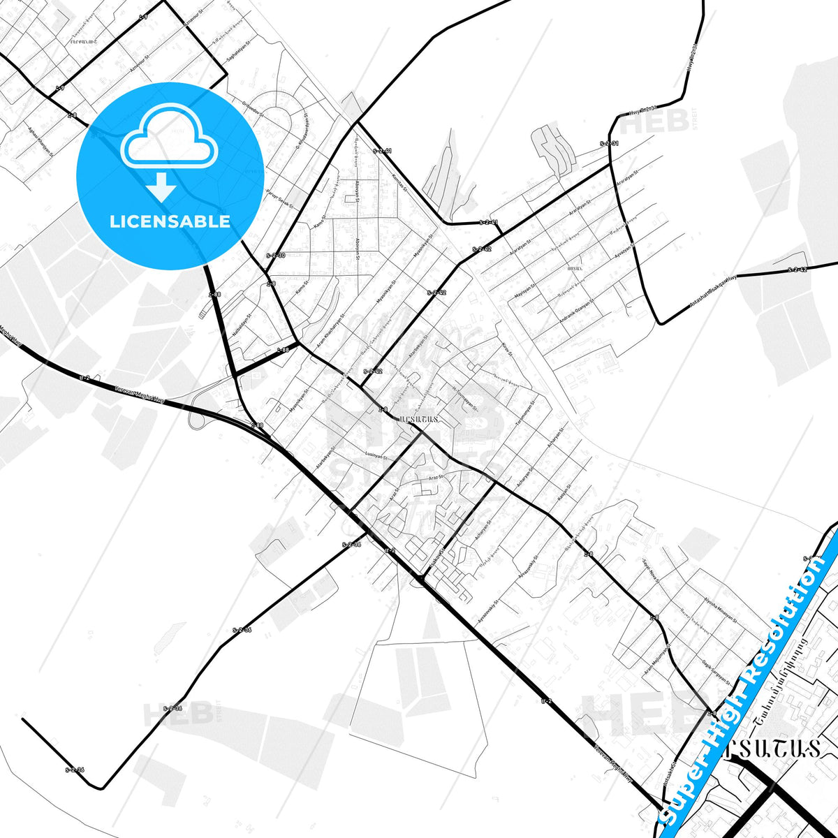 Artashat, Armenia Light Map with Street Names, City Names, and Districts