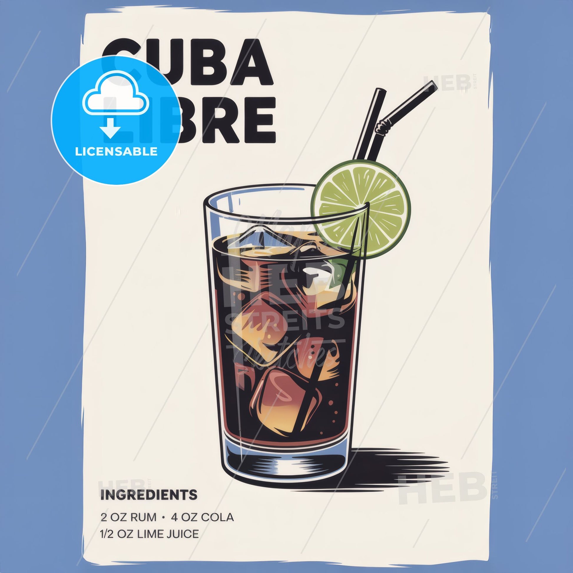 Artisan Cuba Libre Cocktail Recipe Print: Modern Digital Illustration for Home Bar