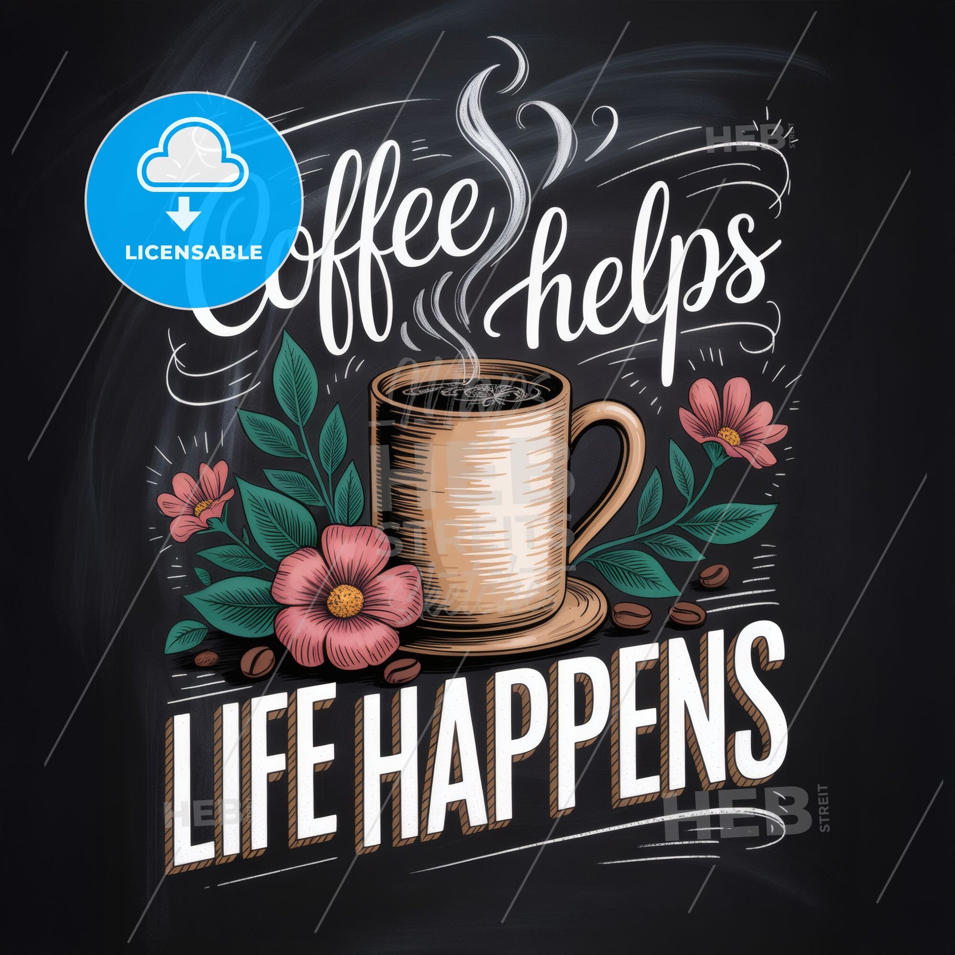 Artistic Coffee Quote: 'Coffee Helps Life Happens' with Floral Accents and Steam on Dark Background.