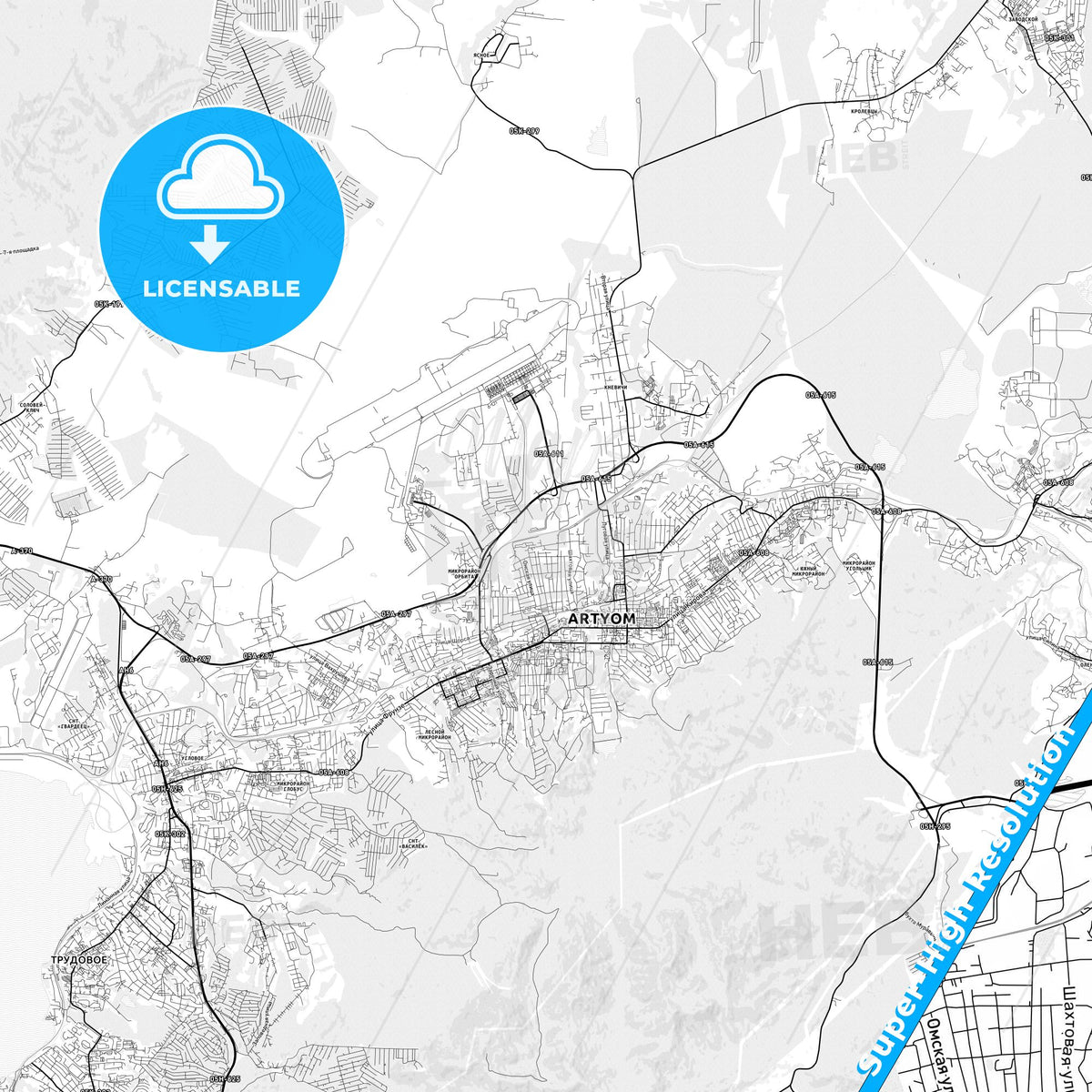 Artyom, Russia light map with streetnames, citynames and districts