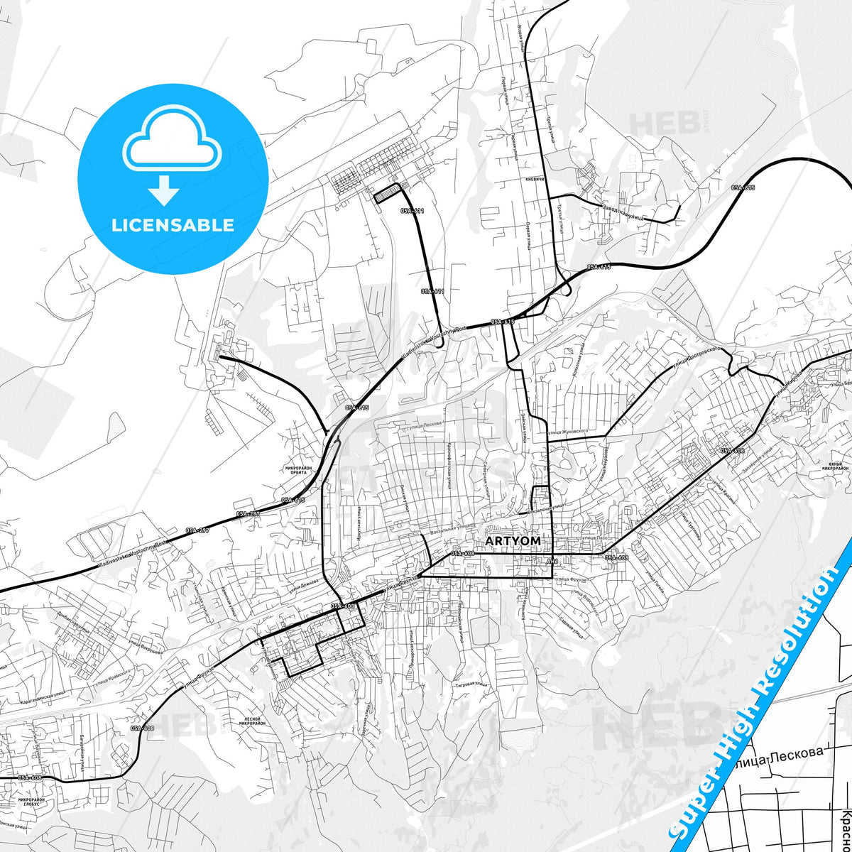 Artyom, Russia Light Map with Street Names, City Names, and Districts