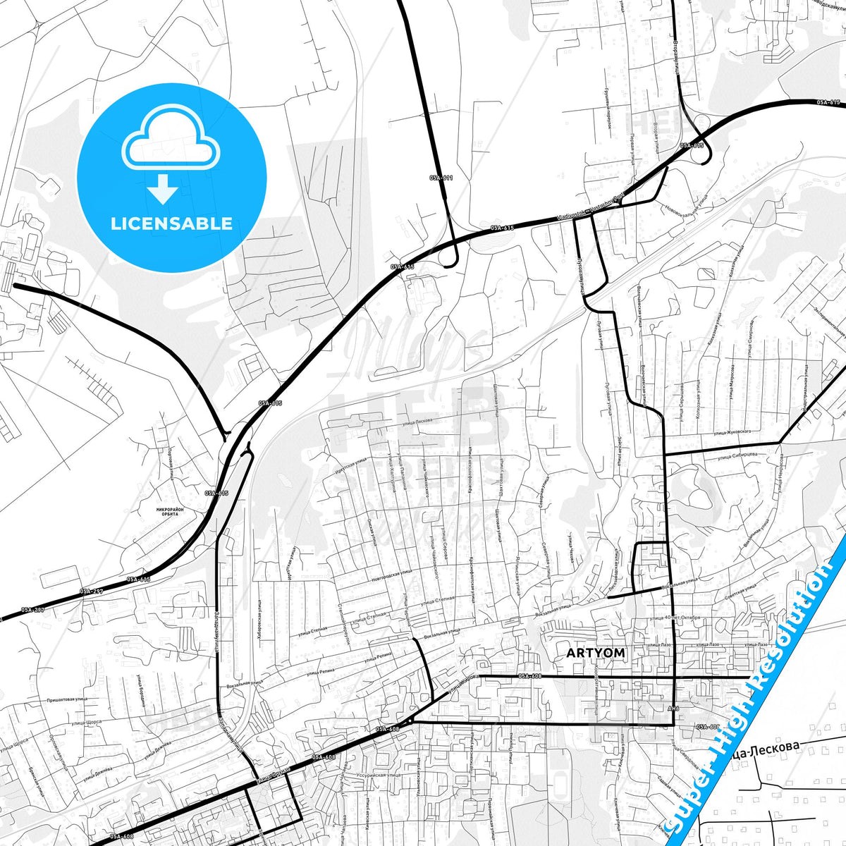 Artyom, Russia Light Map with Street Names, City Names, and Districts