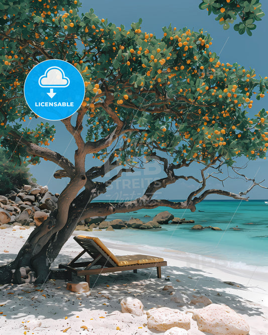 Vibrant Painting of Chair Under Tree on Scenic Beach in Aruba, North America: Art Focus