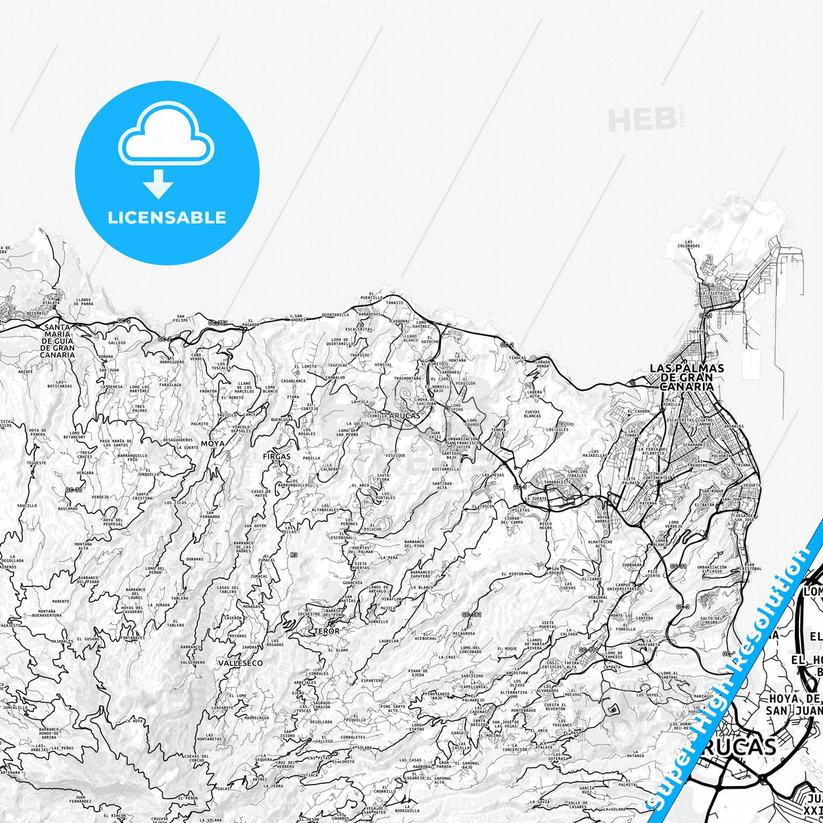 Arucas, Spain light map with streetnames, citynames and districts