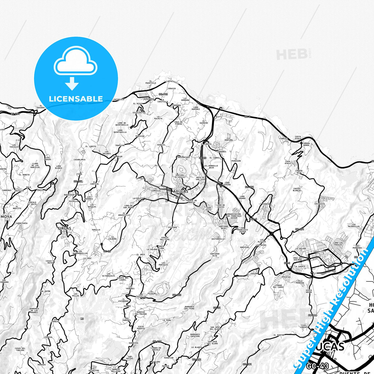 Arucas, Spain Light Map with Street Names, City Names, and Districts