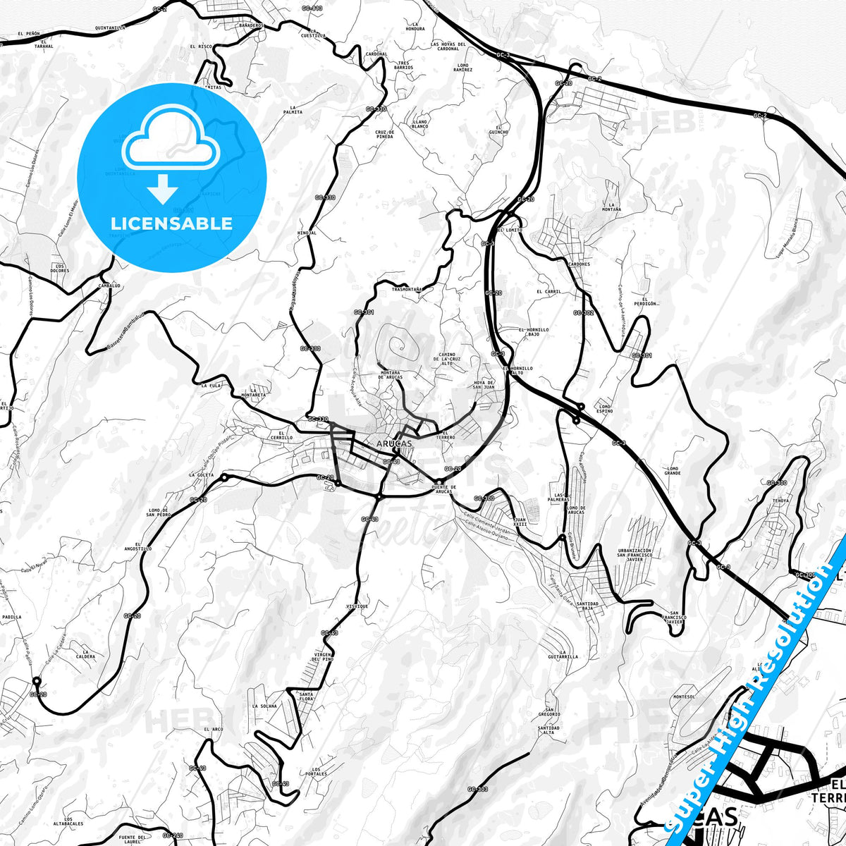 Arucas, Spain Light Map with Street Names, City Names, and Districts