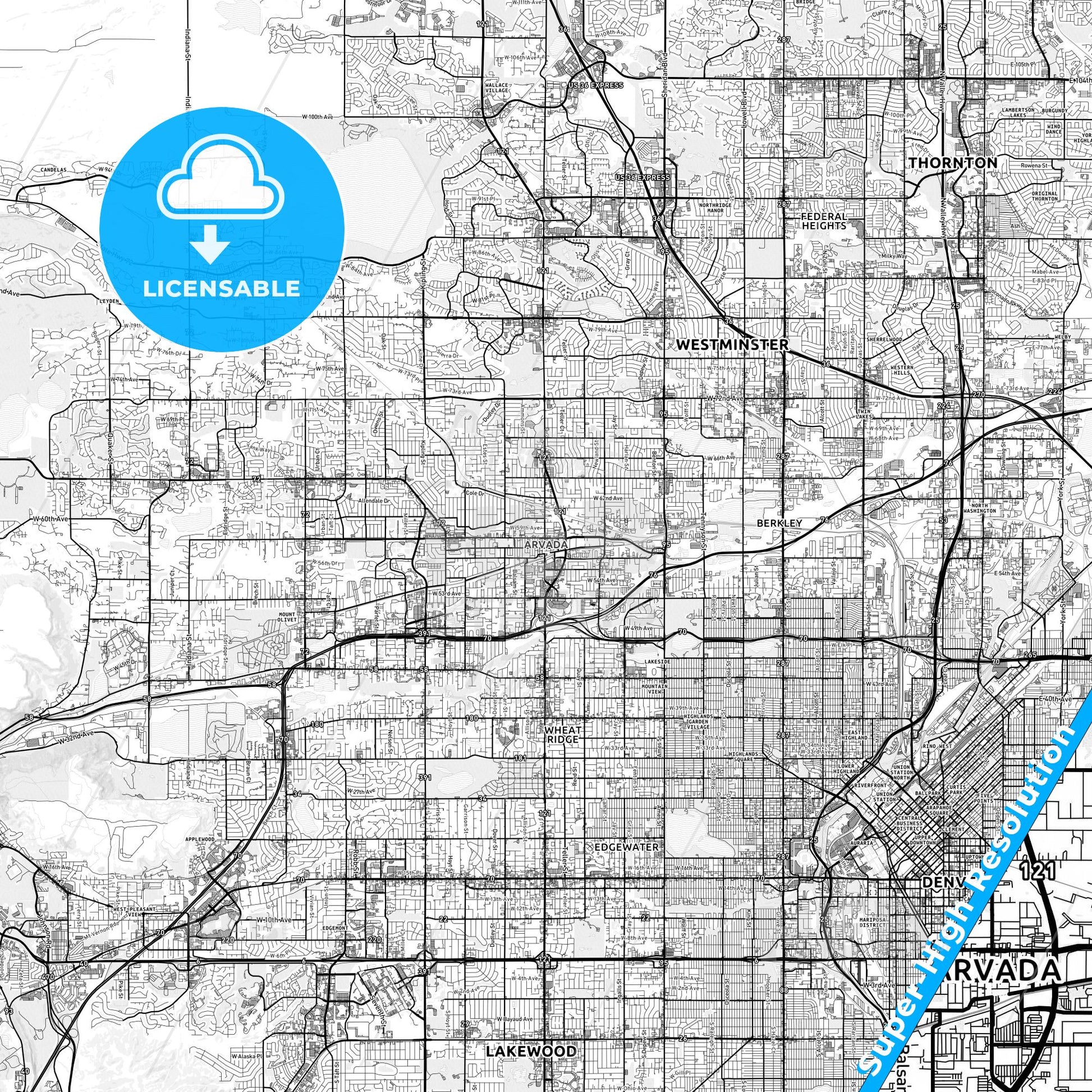 Arvada, Colorado light map with streetnames, citynames and districts