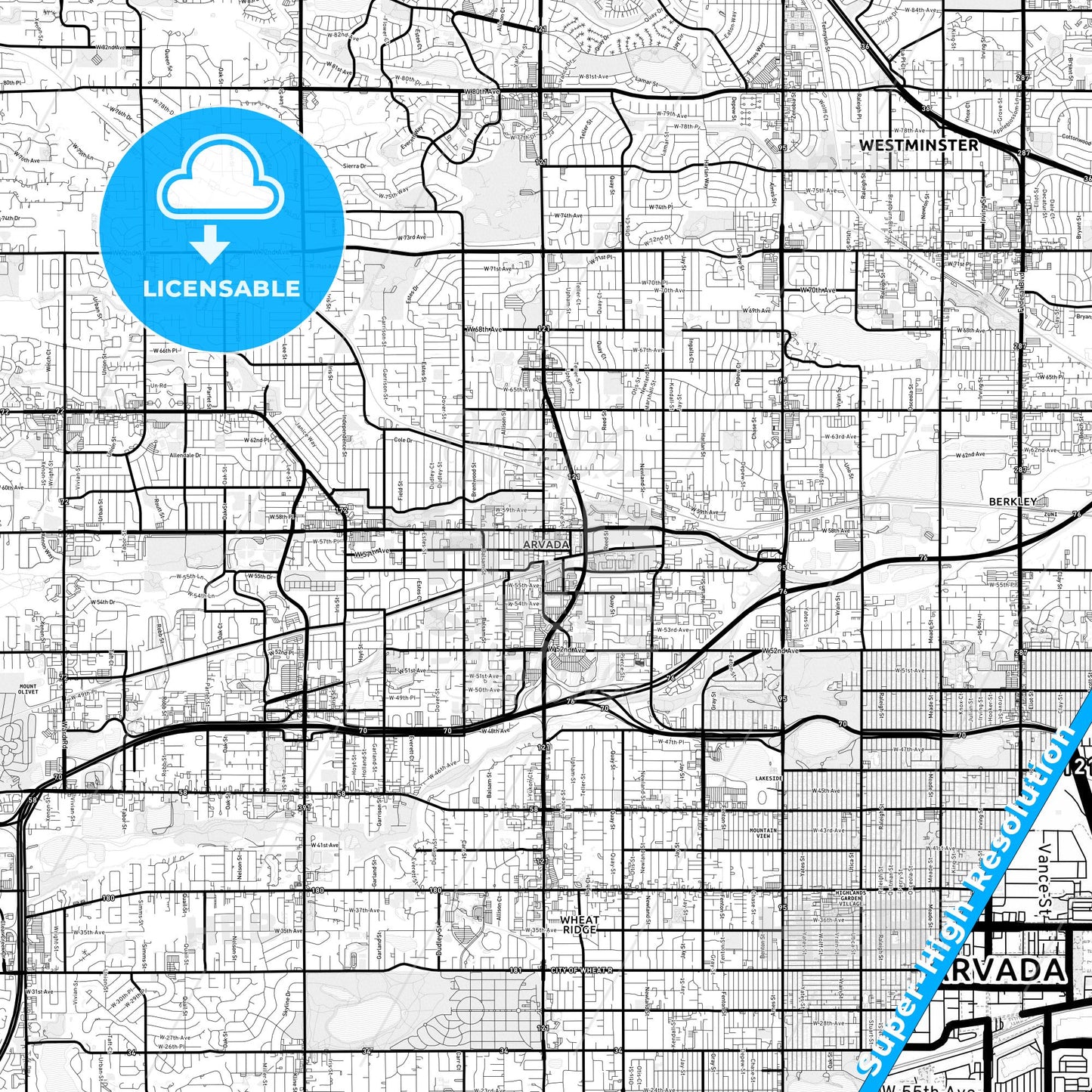 Arvada, Colorado Light Map with Street Names, City Names, and Districts