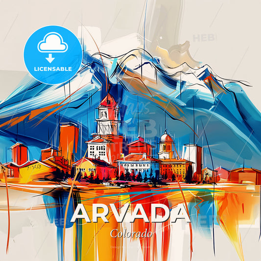 Vibrant Arvada, Colorado - A Painting Of A City With Mountains In The Background - Square format print template