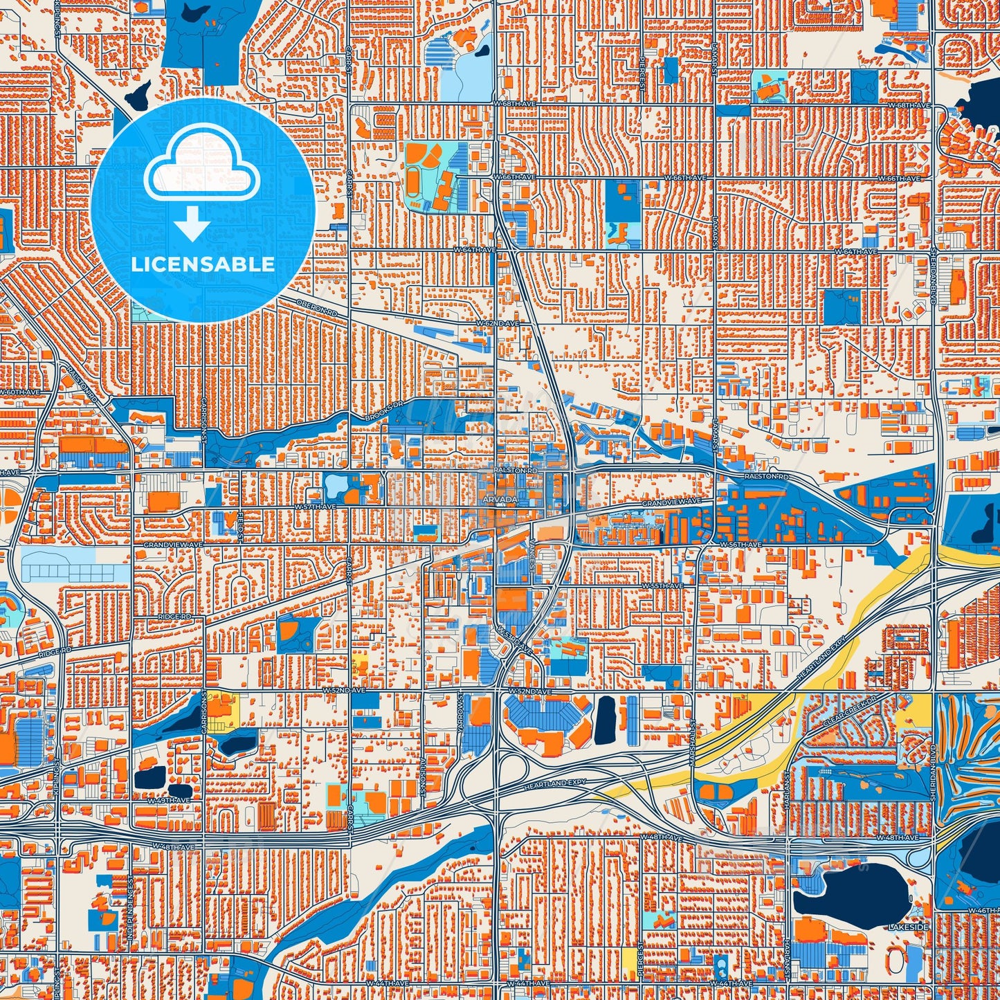 Colorful Arvada Street Map with Labels and Buildings