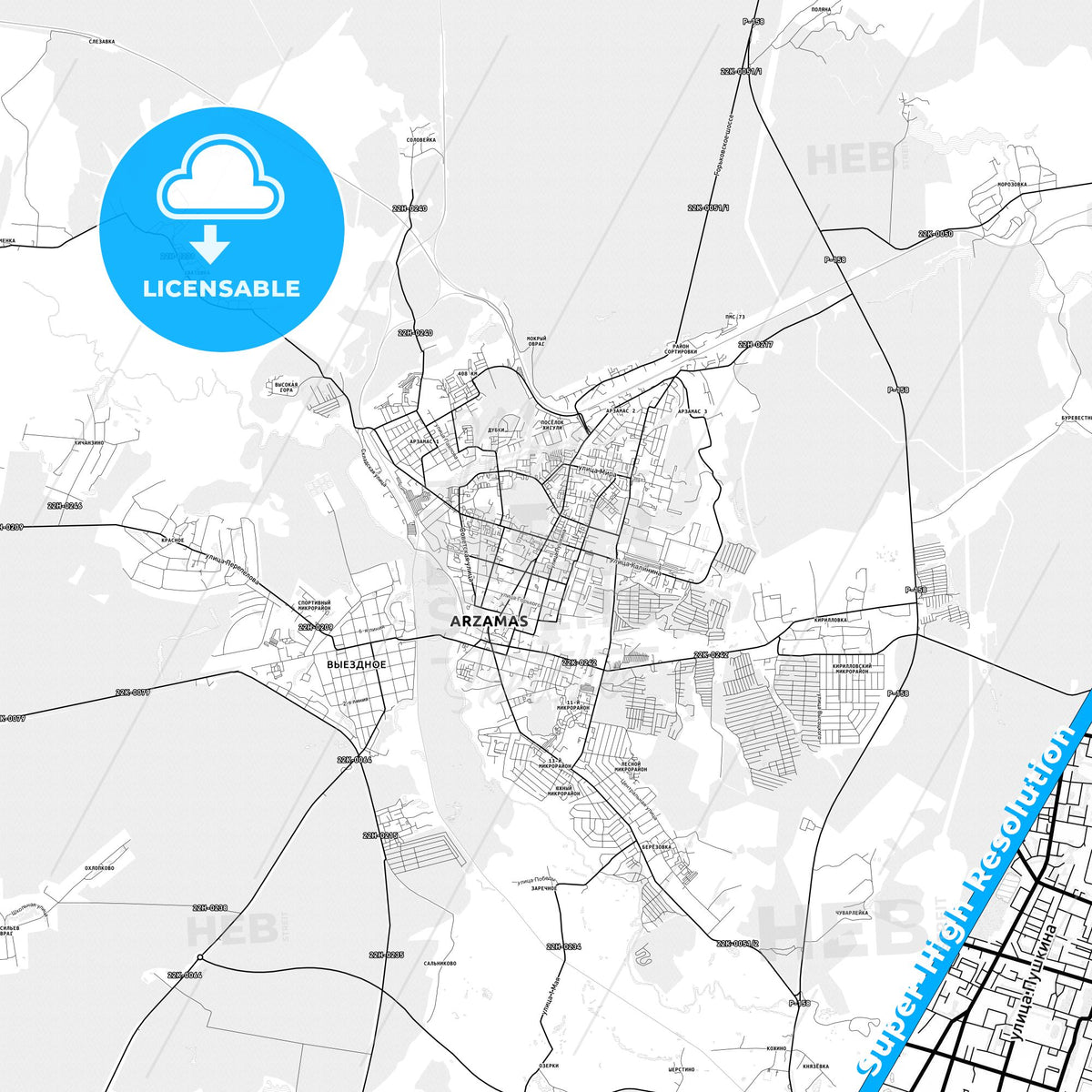 Arzamas, Russia light map with streetnames, citynames and districts