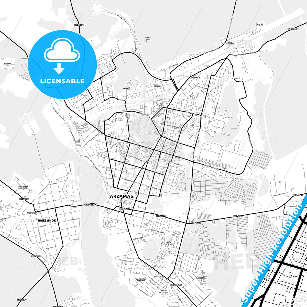Arzamas, Russia Light Map with Street Names, City Names, and Districts