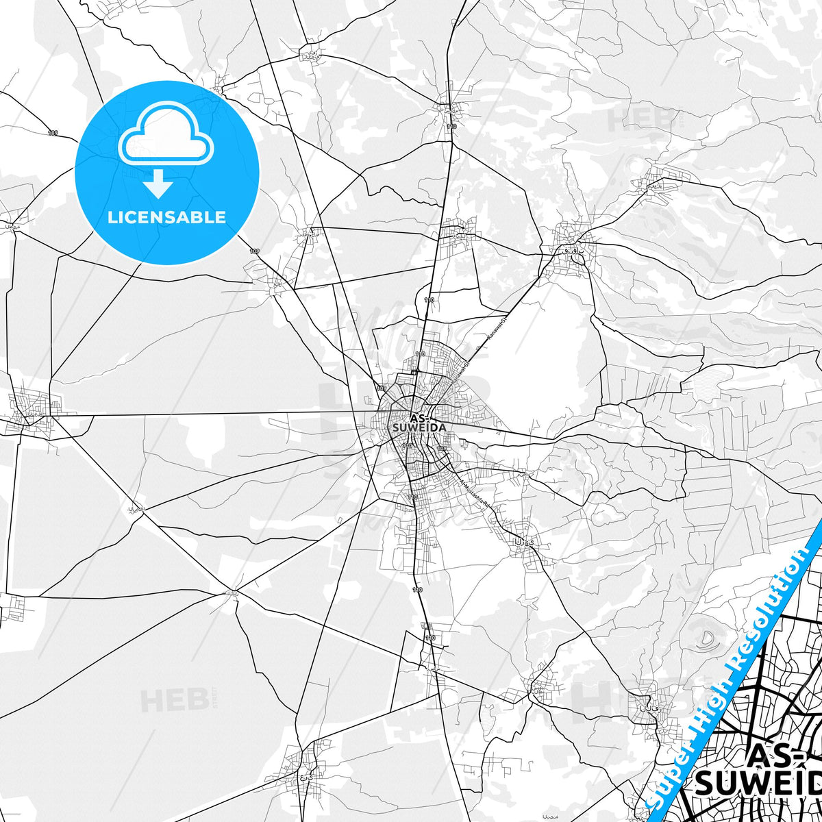 As-Suwayda, Syria light map with streetnames, citynames and districts