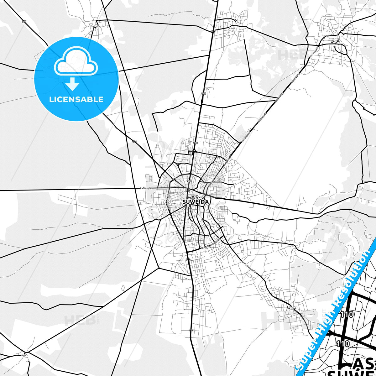 As-Suwayda, Syria Light Map with Street Names, City Names, and Districts