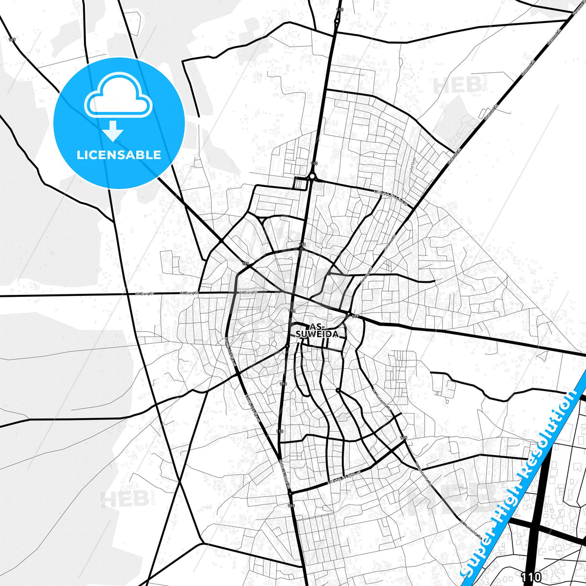As-Suwayda, Syria Light Map with Street Names, City Names, and Districts