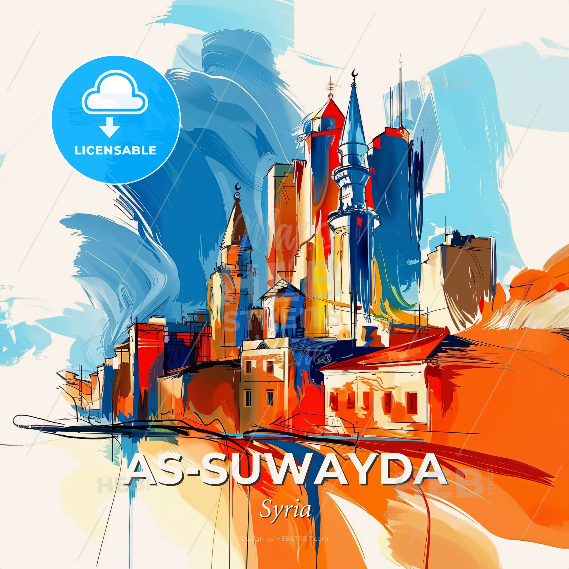 Vibrant As-Suwayda, Syria - A Colorful Cityscape With Towers And Buildings - Square format print template