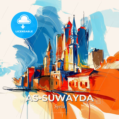 Vibrant As-Suwayda, Syria - A Colorful Cityscape With Towers And Buildings - Square format print template