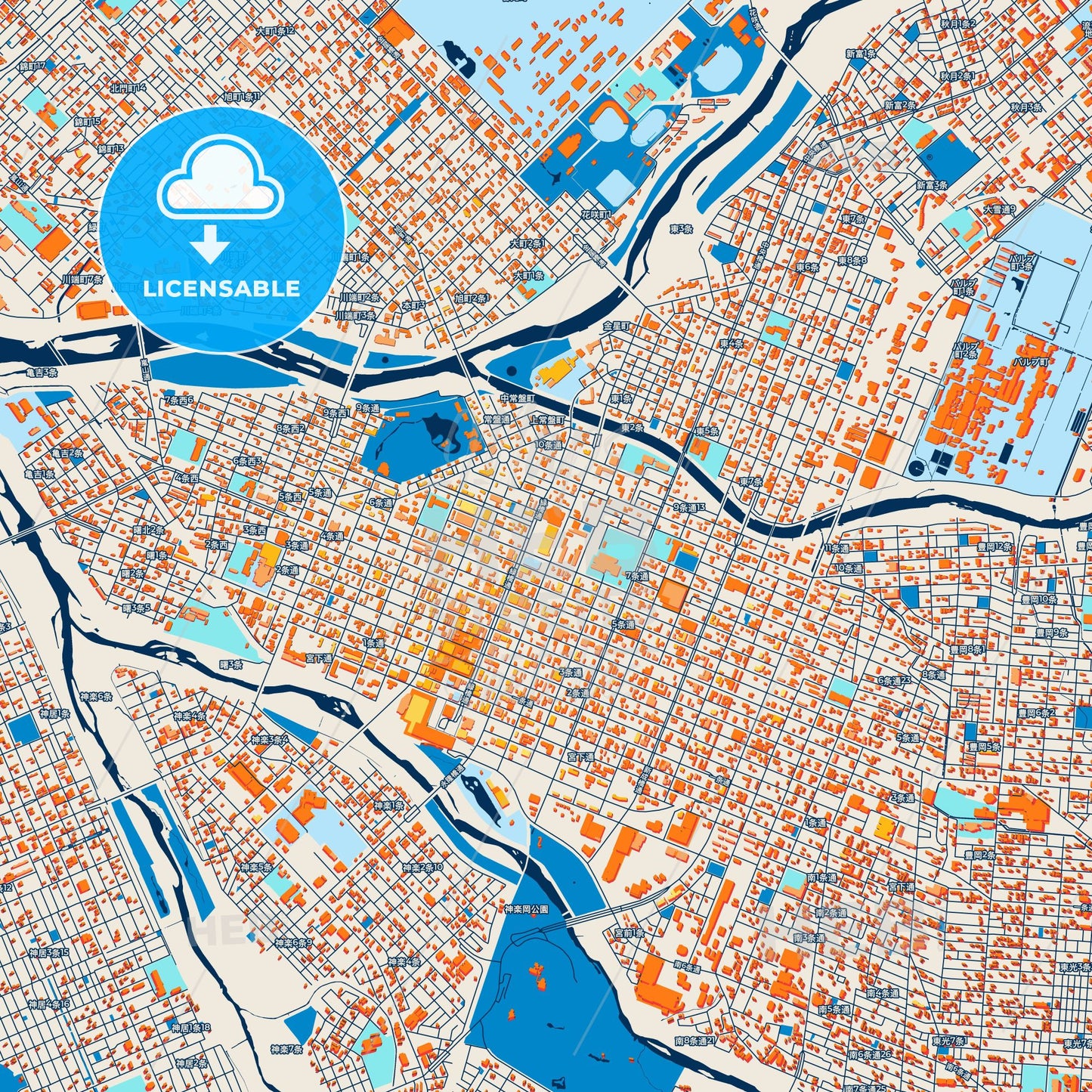 Colorful Asahikawa Street Map with Labels and Buildings