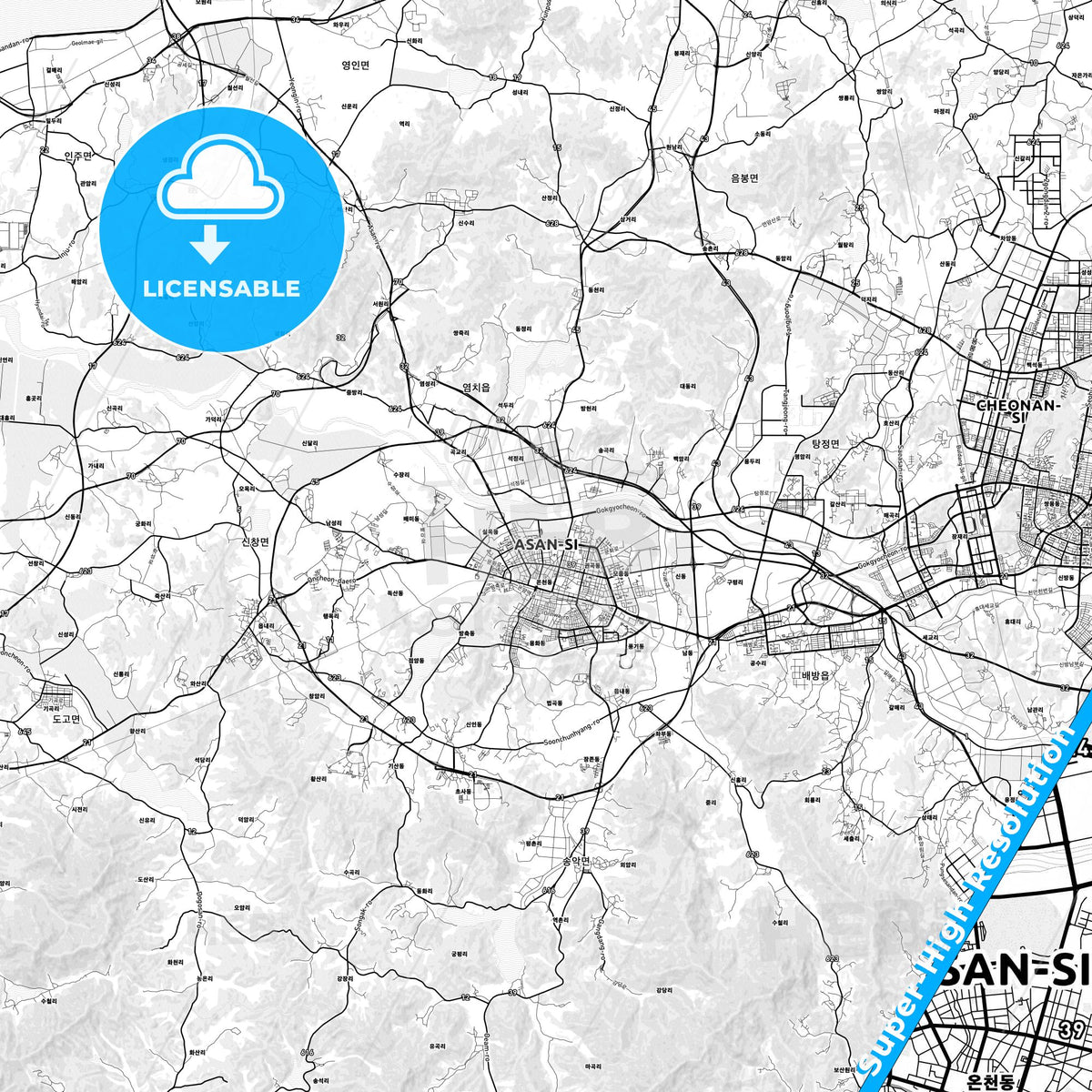 Asan, South Korea light map with streetnames, citynames and districts